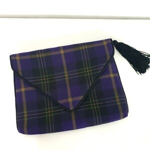 Lisa Brett large purple plaid envelope clutch fabric tassel